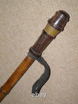 Antique Bamboo Walking/Hiking Stick With Hand-Carved Rosewood & Bakelite Top -77cm