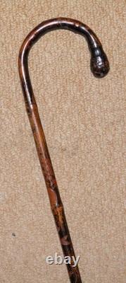 Antique Bamboo Walking Stick / Cane Crook Root Ball Top Hand Carved Animals
