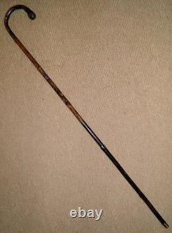 Antique Bamboo Walking Stick / Cane Crook Root Ball Top Hand Carved Animals