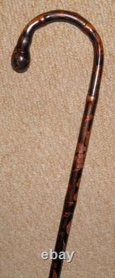 Antique Bamboo Walking Stick / Cane Crook Root Ball Top Hand Carved Animals