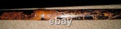 Antique Bamboo Walking Stick / Cane Crook Root Ball Top Hand Carved Animals