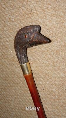 Antique Bamboo Walking Stick Hand Carved Eagle Head Top & Brass Collar