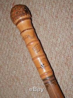 Antique Bamboo Walking Stick With Hand-Carved Japanese Samurai Warrior Shaft