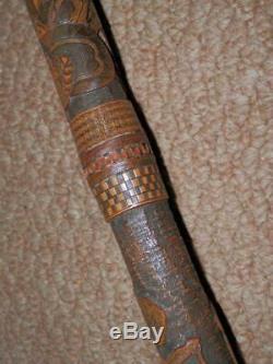 Antique Bamboo Walking Stick With Hand-Carved Japanese Samurai Warrior Shaft