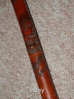 Antique Bamboo Walking Stick With Root Ball Top & Hand-Carved Chinese Town Shaft
