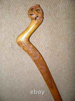 Antique Batavian Unusual Walking Stick Intricate Hand-Carved Floral Handle