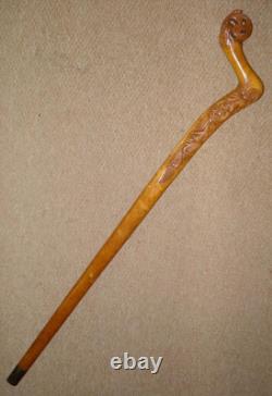 Antique Batavian Unusual Walking Stick Intricate Hand-Carved Floral Handle