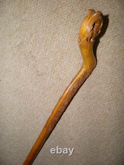 Antique Batavian Unusual Walking Stick Intricate Hand-Carved Floral Handle