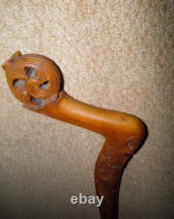 Antique Batavian Unusual Walking Stick Intricate Hand-Carved Floral Handle