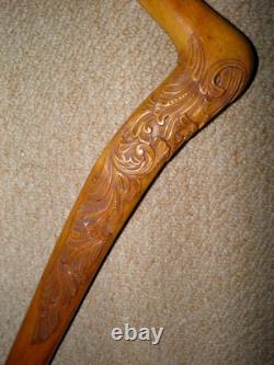 Antique Batavian Unusual Walking Stick Intricate Hand-Carved Floral Handle