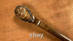 Antique Beautiful Hand Carved American Folk Art Wooden Indian Face Cane 1924