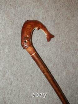 Antique Birch Walking Stick/Cane With Hand-Carved Salmon Fish Handle 144cm