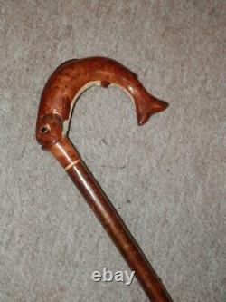Antique Birch Walking Stick/Cane With Hand-Carved Salmon Fish Handle 144cm