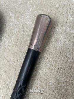 Antique Black Ebonised Cane BENCO Silver London Cap Carved Shaft C. 1920-1940