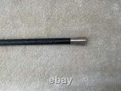 Antique Black Ebonised Cane BENCO Silver London Cap Carved Shaft C. 1920-1940