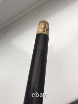 Antique Black Ebonised Wood And Carved Ivory Colour Pommel Ferrule Walking Stick
