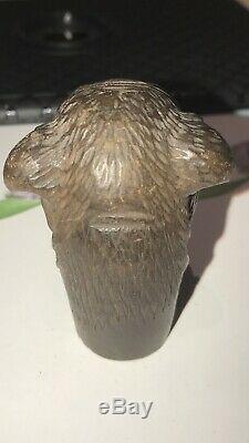 Antique Black Forest Carved Bull Dog Walking Stick Handle Parasol With Glass Eey