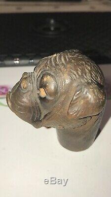 Antique Black Forest Carved Bull Dog Walking Stick Handle Parasol With Glass Eey