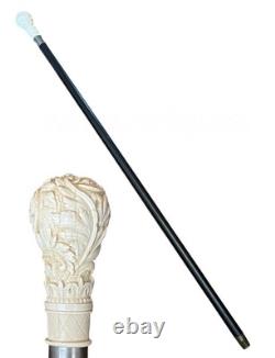 Antique Black Laquered Walking Stick With Carved Wooden Floral Motif Handle
