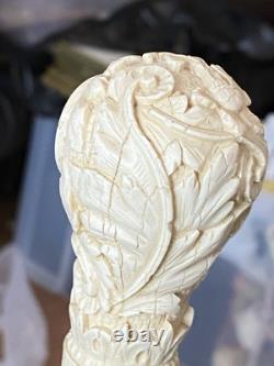 Antique Black Laquered Walking Stick With Carved Wooden Floral Motif Handle