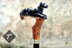 Antique Black Panther Head Walking Stick Hand Carved Wooden Walking Cane Gift