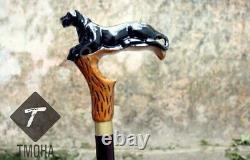 Antique Black Panther Head Walking Stick Hand Carved Wooden Walking Cane Gift