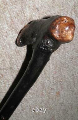 Antique Black Thorn Rustic Hand-Carved Two Caricature Faces Walking Stick/Cane