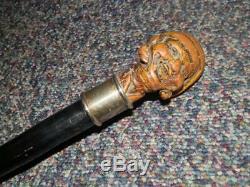 Antique Blackthorn Walking Stick, Carved Jolly Sailor Handle and Silver Collar