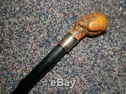 Antique Blackthorn Walking Stick, Carved Jolly Sailor Handle and Silver Collar