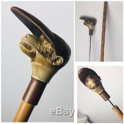 Antique Bone Carved Monkey Jockey Head Walking Stick Dress Cane 19th Century