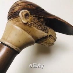 Antique Bone Carved Monkey Jockey Head Walking Stick Dress Cane 19th Century