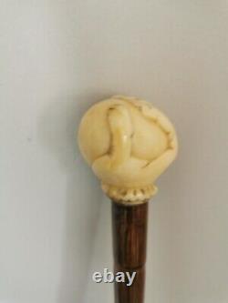 Antique Bovine Bone Hand On Ball Carved & Sterling Silver Collar Walking Cane