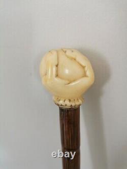 Antique Bovine Bone Hand On Ball Carved & Sterling Silver Collar Walking Cane