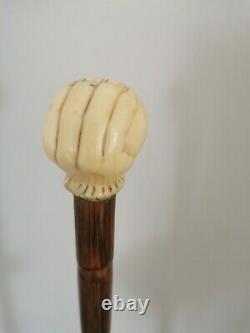 Antique Bovine Bone Hand On Ball Carved & Sterling Silver Collar Walking Cane