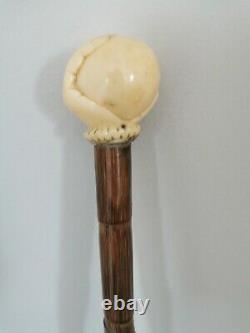 Antique Bovine Bone Hand On Ball Carved & Sterling Silver Collar Walking Cane