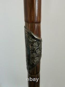 Antique Bovine Bone Hand On Ball Carved & Sterling Silver Collar Walking Cane