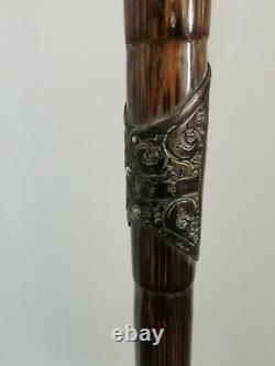 Antique Bovine Bone Hand On Ball Carved & Sterling Silver Collar Walking Cane