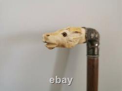 Antique Bovine Bone Stag Head Carved & Sterling Silver Walking Cane