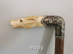 Antique Bovine Bone Stag Head Carved & Sterling Silver Walking Cane