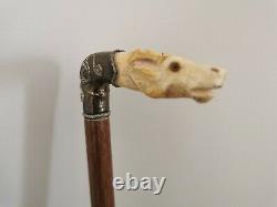 Antique Bovine Bone Stag Head Carved & Sterling Silver Walking Cane
