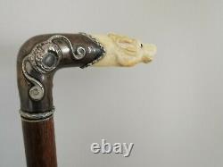 Antique Bovine Bone Stag Head Carved & Sterling Silver Walking Cane