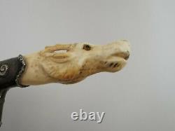 Antique Bovine Bone Stag Head Carved & Sterling Silver Walking Cane