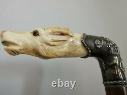 Antique Bovine Bone Stag Head Carved & Sterling Silver Walking Cane