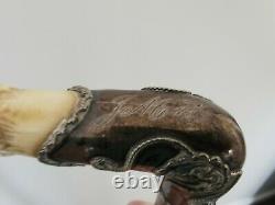 Antique Bovine Bone Stag Head Carved & Sterling Silver Walking Cane