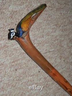 Antique Bramble Walking Stick With Hand-Painted & Carved Peacock Handle 235g