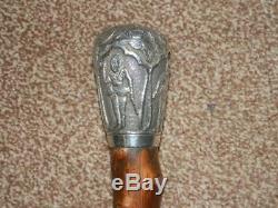 Antique Bramble Walking Stick With Large Indian Silver Top Tribal Hand Carved