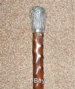 Antique Bramble Walking Stick With Large Indian Silver Top Tribal Hand Carved
