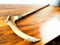 Antique Briar Walking Stick Carved Stag Horn Handle Hunting Scene Hiking Stick