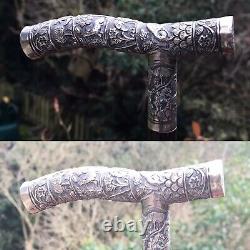 Antique Burmese Chinese Solid Silver Walking Stick carved lion elephant dog tree
