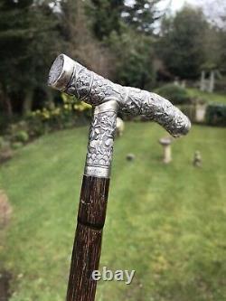 Antique Burmese Chinese Solid Silver Walking Stick carved lion elephant dog tree